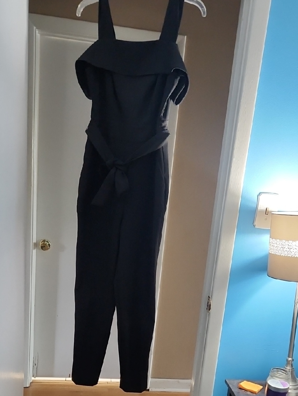 New York & Company Black Sleeveless Belted Jumpsuit